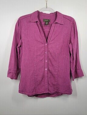 Eddie Bauer Dark Pink 100% Linen 7/8 Sleeve Button Up Shirt Women Sz Medium Tall
